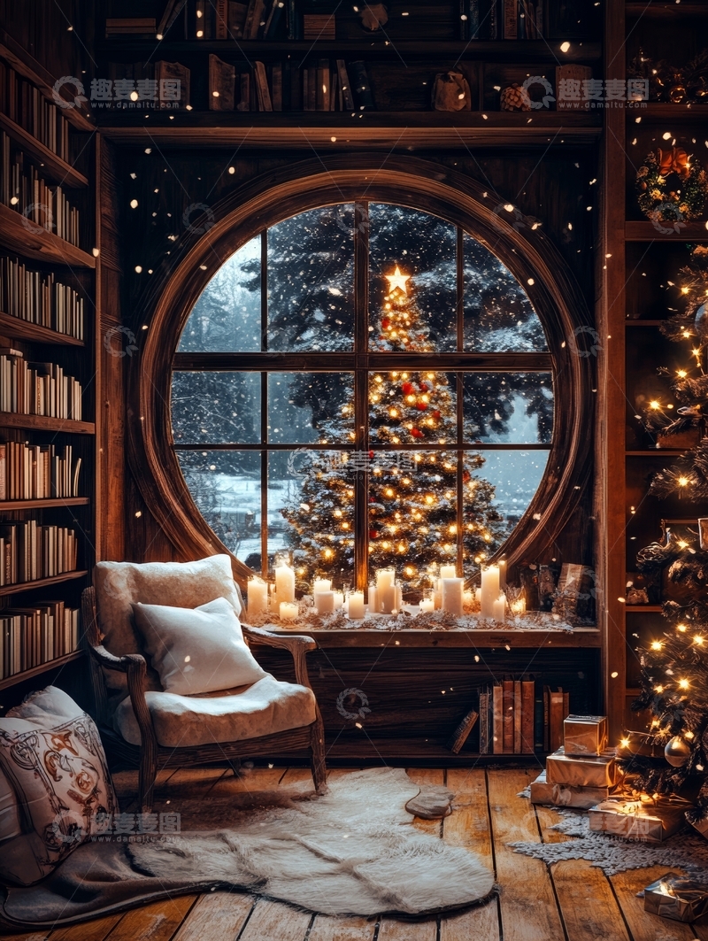 高清大图下载【趣麦麦图】温馨书房内的圣诞树与雪景