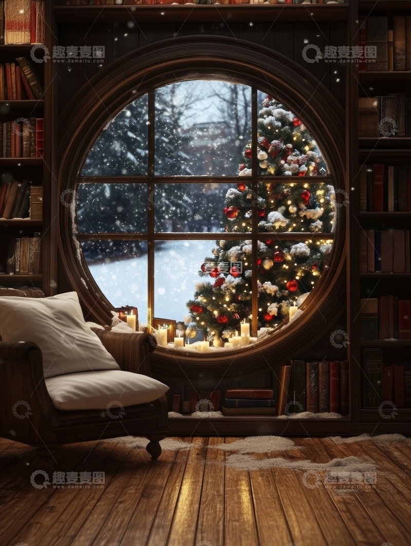 高清大图下载【趣麦麦图】雪夜书房里的圣诞树