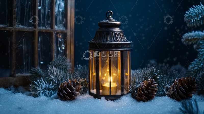 高清大图下载【趣麦麦图】雪地中的复古灯笼与松果