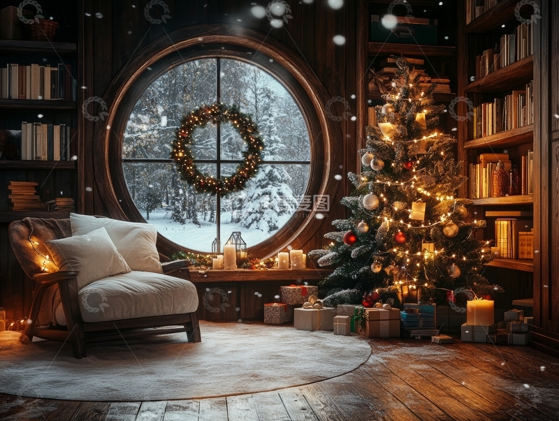 高清大图下载【趣麦麦图】温馨圣诞夜，书屋内景