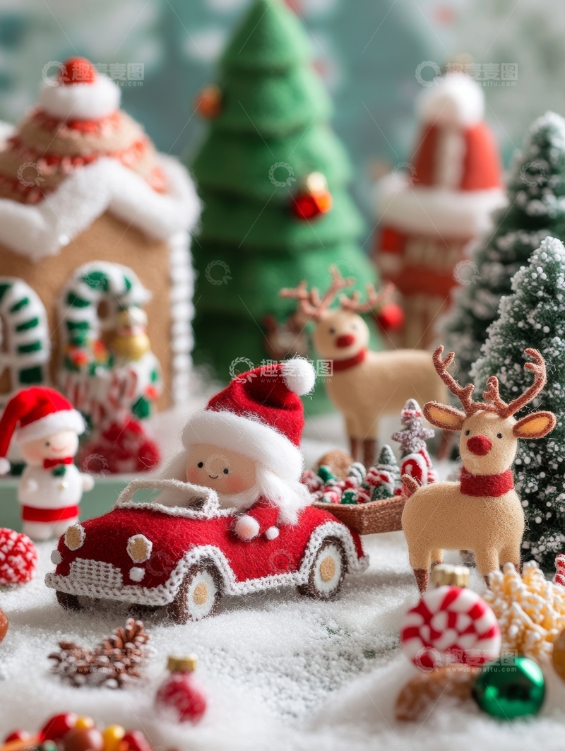 高清大图下载【趣麦麦图】圣诞场景：雪地中的小红车与驯鹿
