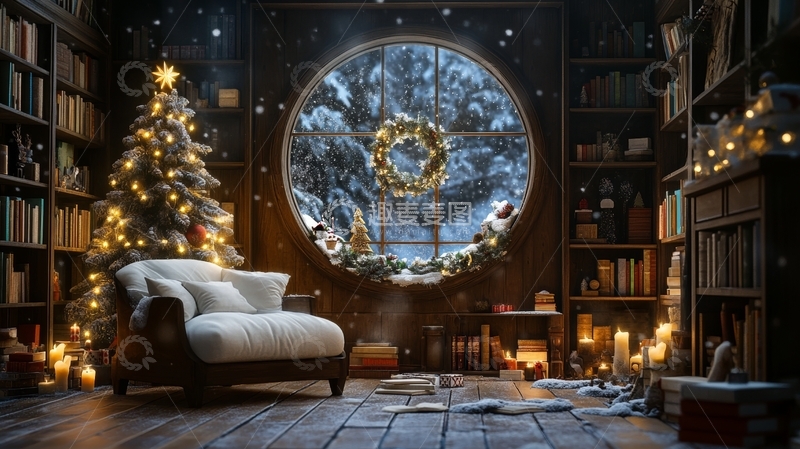 高清大图下载【趣麦麦图】温馨书房内的圣诞夜景