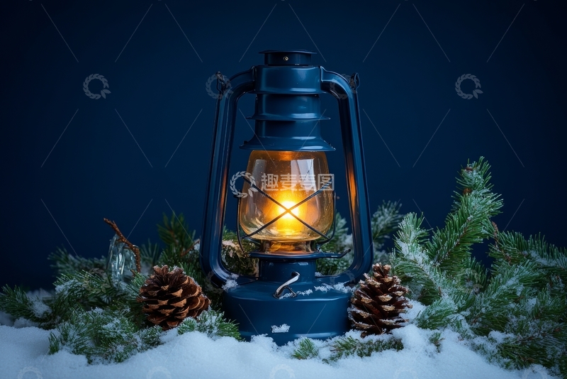 高清大图下载【趣麦麦图】雪中松枝环绕的复古油灯