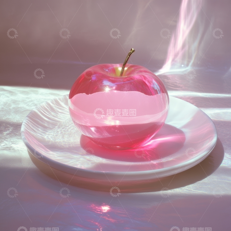 高清大图下载【趣麦麦图】透明粉色苹果置于白色盘中