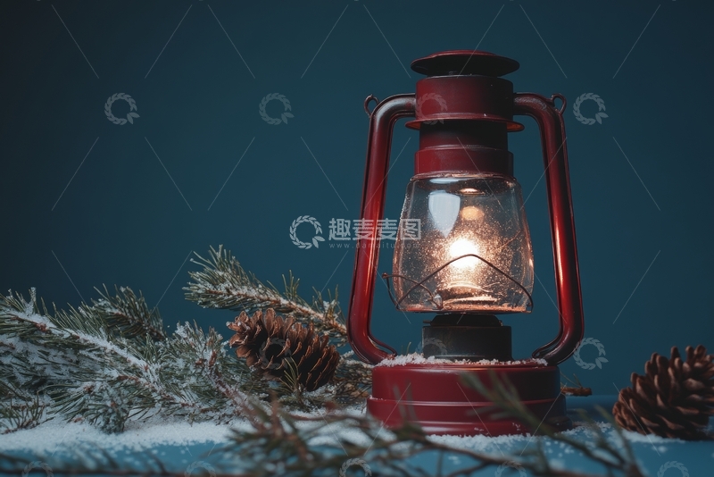 高清大图下载【趣麦麦图】雪地中的红色煤油灯与松枝
