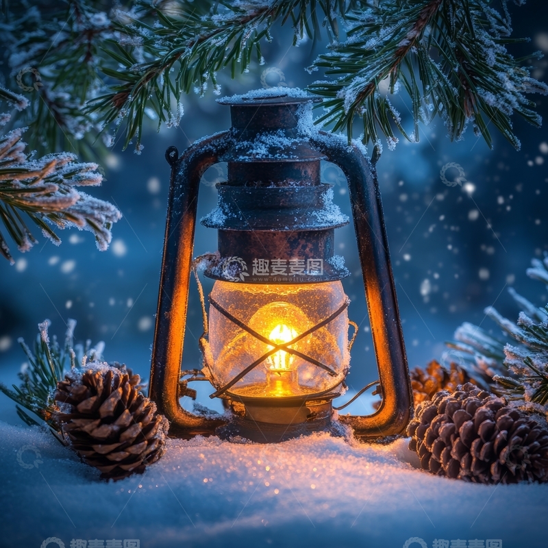 高清大图下载【趣麦麦图】雪地中的温暖灯笼