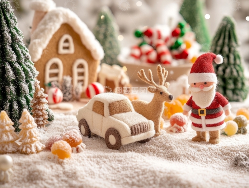 高清大图下载【趣麦麦图】圣诞场景：雪地中的小屋、汽车与圣诞老人
