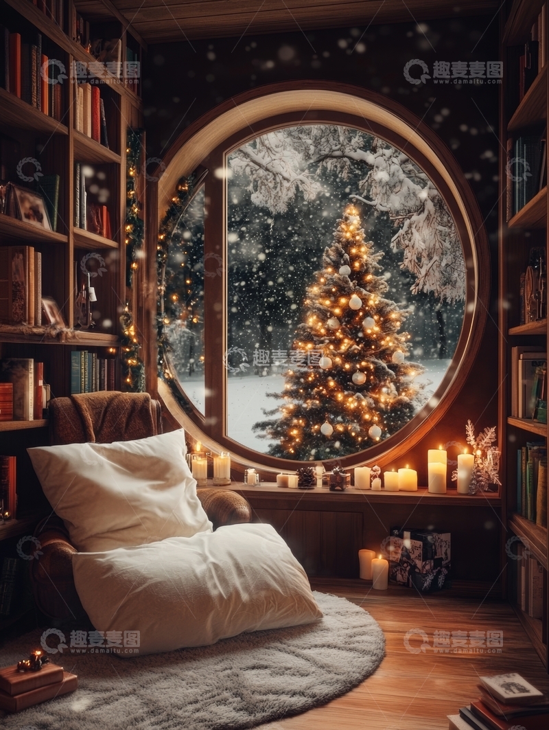 温馨书房内的冬日圣诞景色