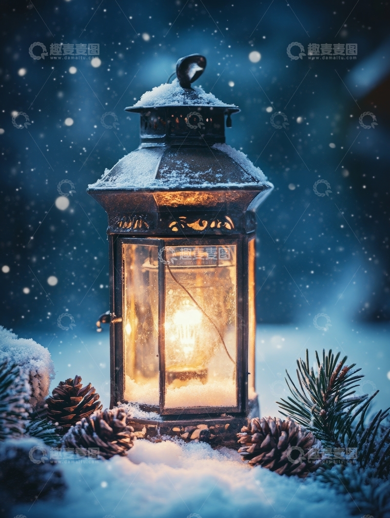 高清大图下载【趣麦麦图】雪夜中的温暖灯笼