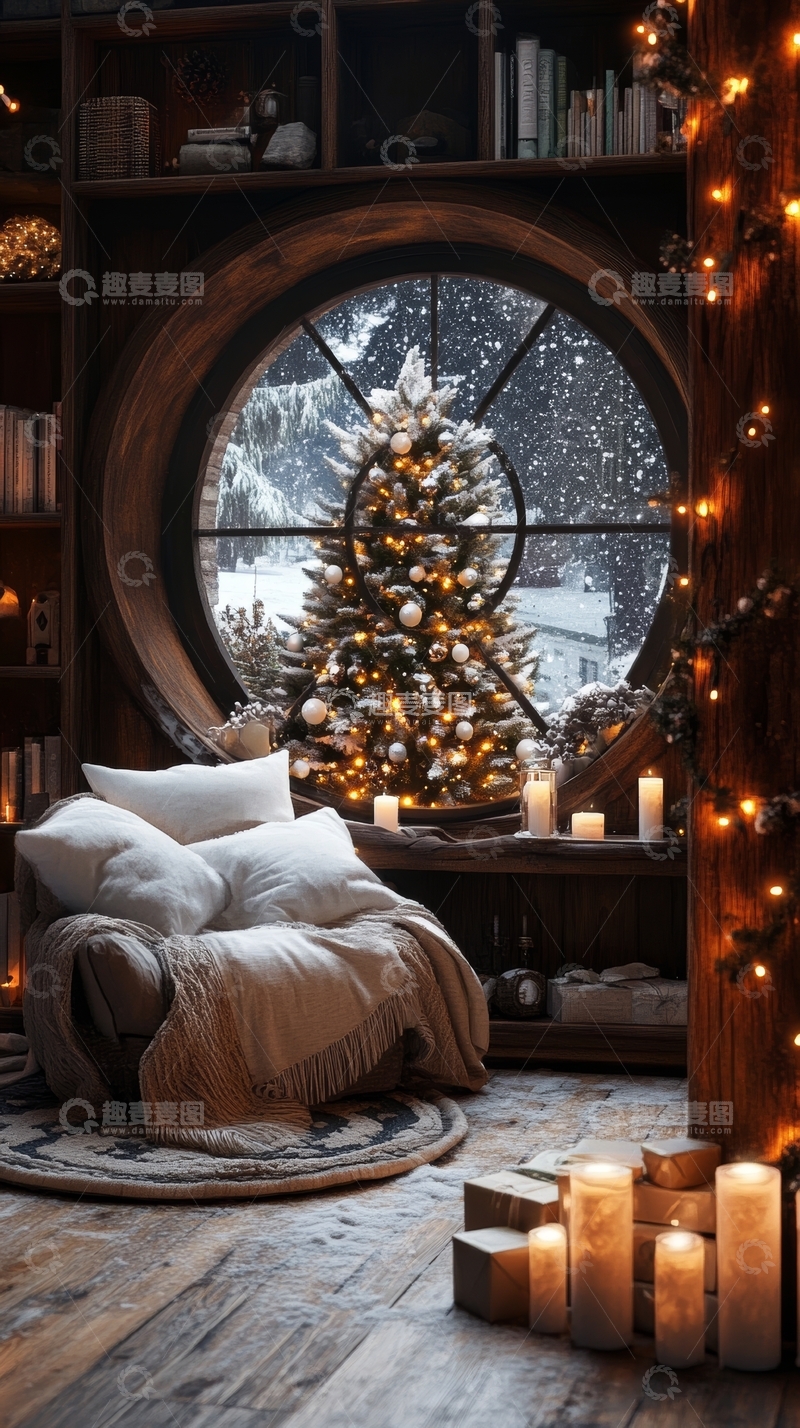高清大图下载【趣麦麦图】温馨室内圣诞树与烛光装饰