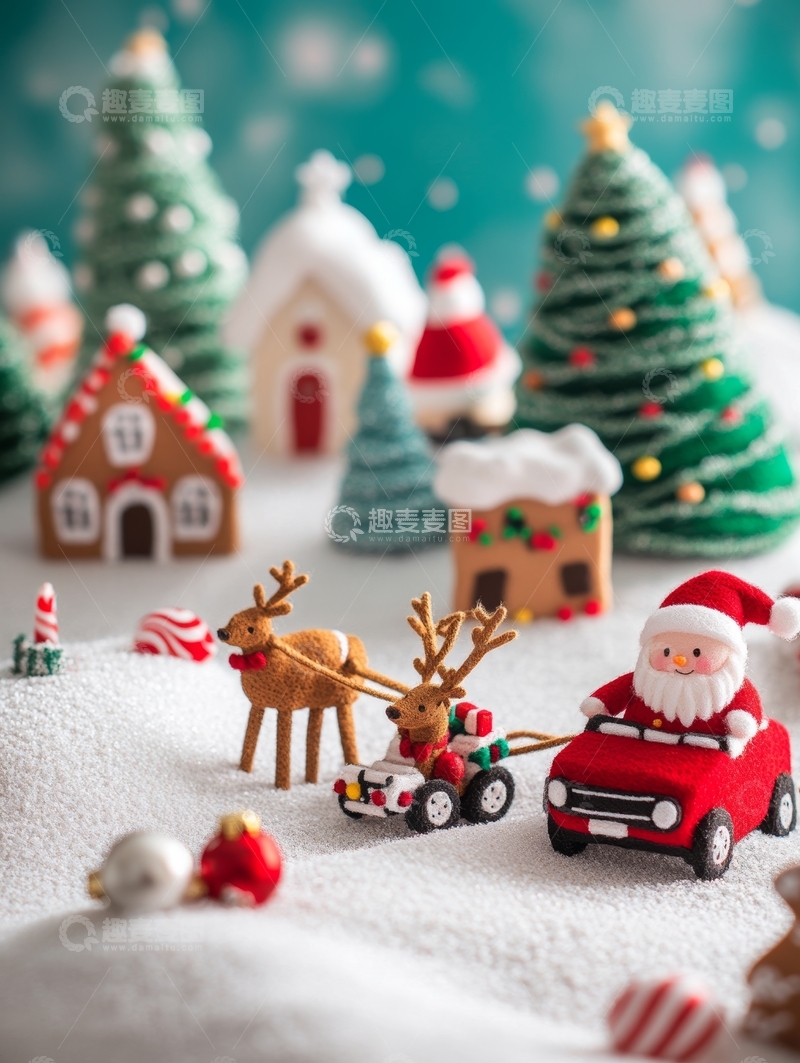 高清大图下载【趣麦麦图】圣诞场景：雪地中的小屋与节日装饰