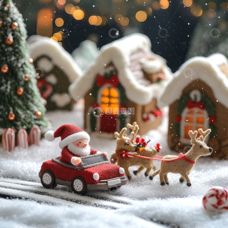 高清大图下载【趣麦麦图】圣诞老人驾驶小车，驯鹿拉车的节日场景