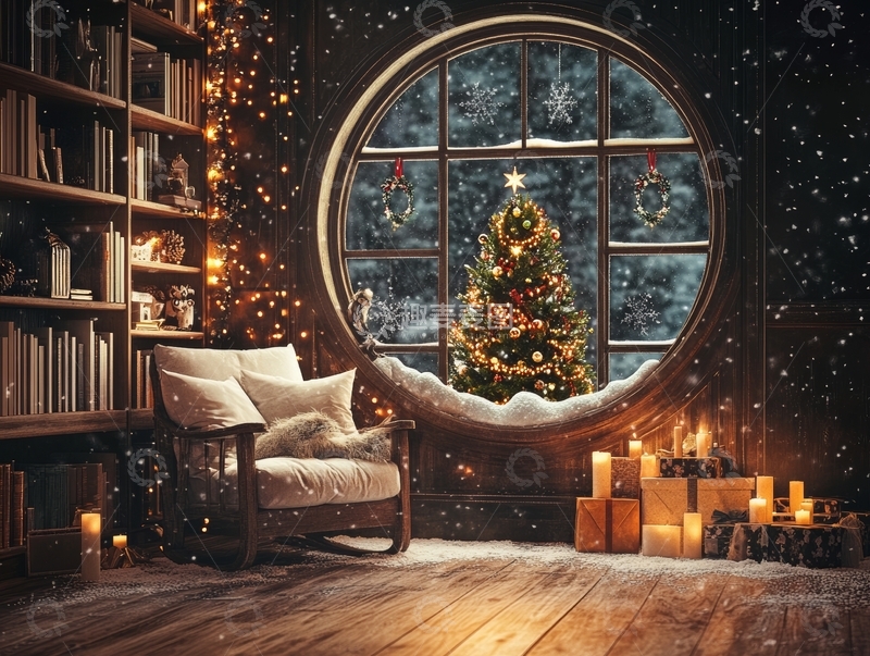 高清大图下载【趣麦麦图】温馨书房内的圣诞夜景