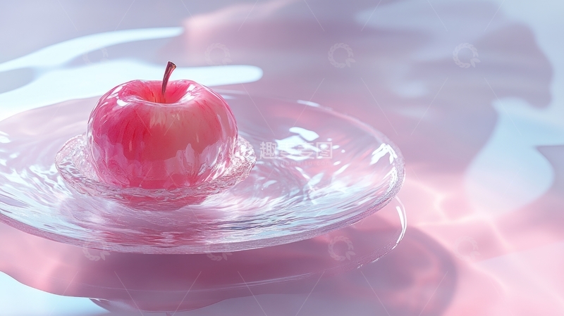 高清大图下载【趣麦麦图】红苹果置于玻璃盘中，水面泛起涟漪