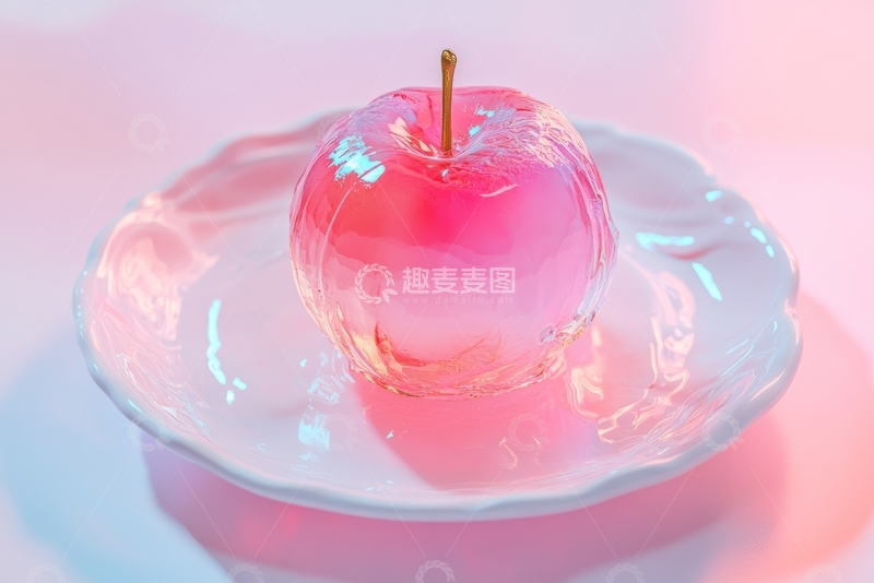 高清大图下载【趣麦麦图】粉色渐变玻璃苹果置于盘中