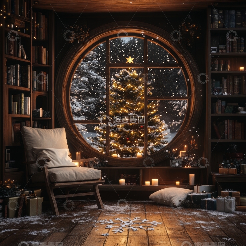 高清大图下载【趣麦麦图】温馨书房内的冬夜雪景