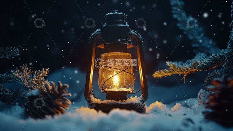 高清大图下载【趣麦麦图】雪地中的复古油灯