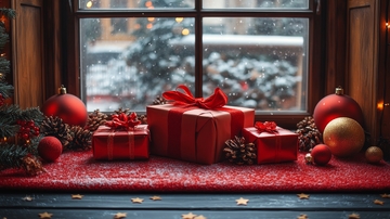 窗台上的圣诞礼物与雪景
