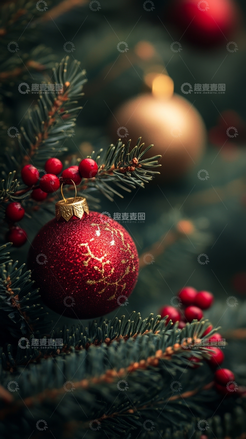 高清大图下载【趣麦麦图】圣诞树上的红色装饰球和金色挂饰