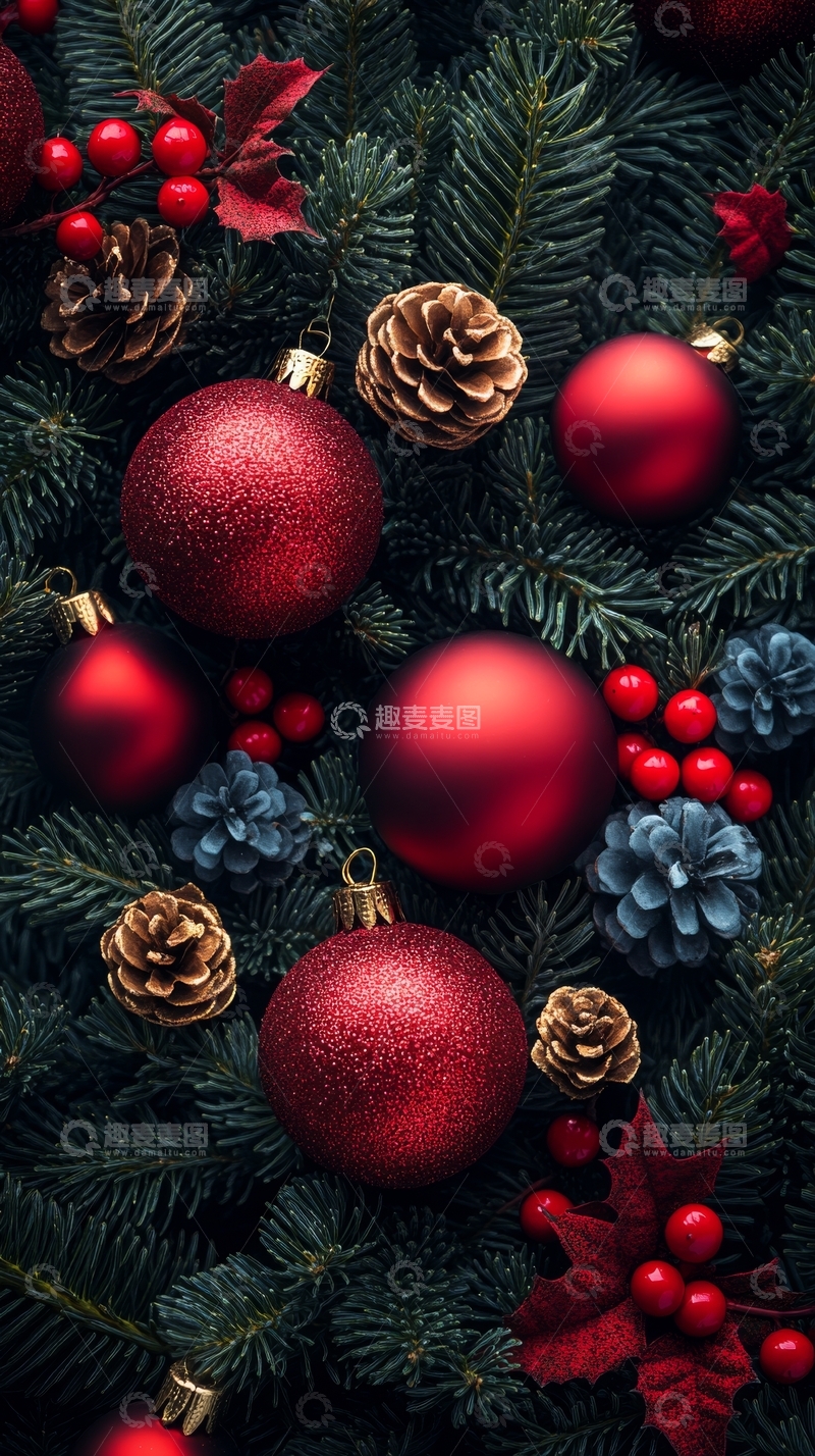 高清大图下载【趣麦麦图】圣诞装饰：红球与松枝的节日布置