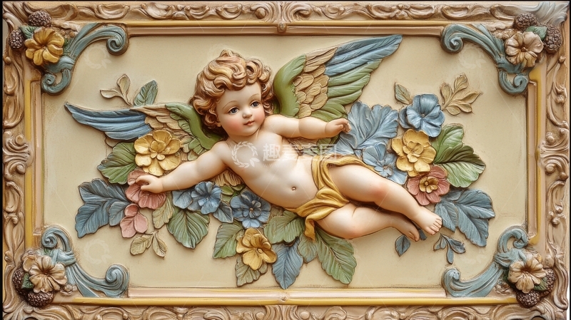 高清大图下载【趣麦麦图】天使浮雕装饰，花卉环绕