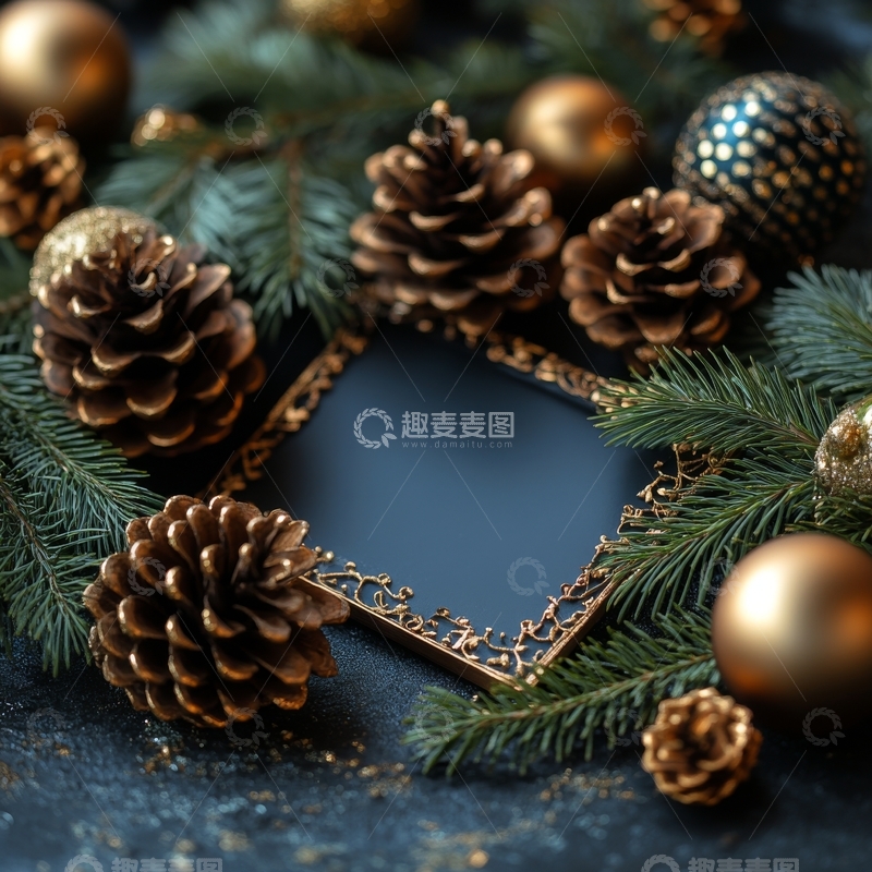 高清大图下载【趣麦麦图】松果与圣诞装饰构成的框架