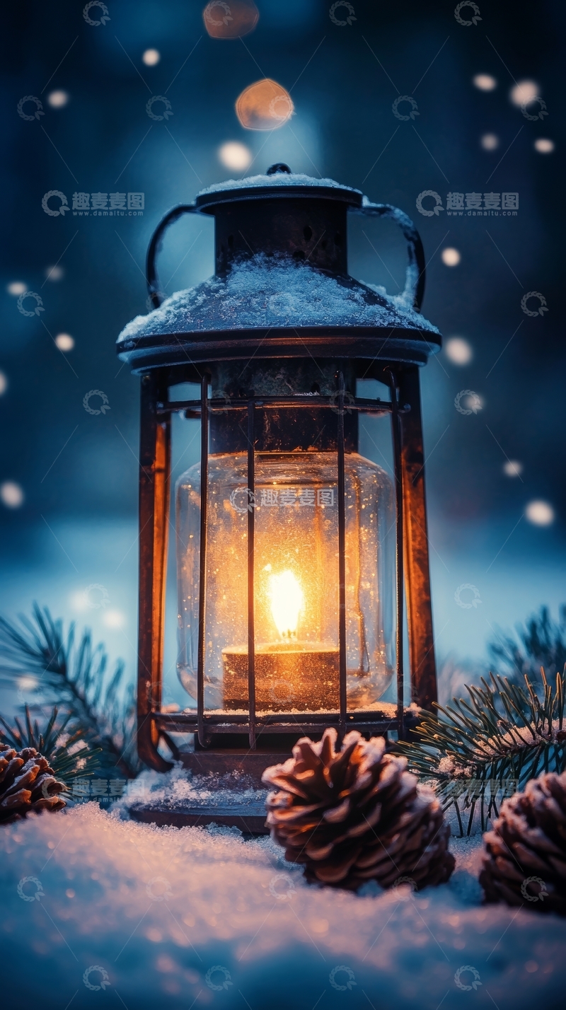 高清大图下载【趣麦麦图】雪夜中的温暖灯笼