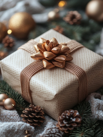 节日礼物盒与松果装饰