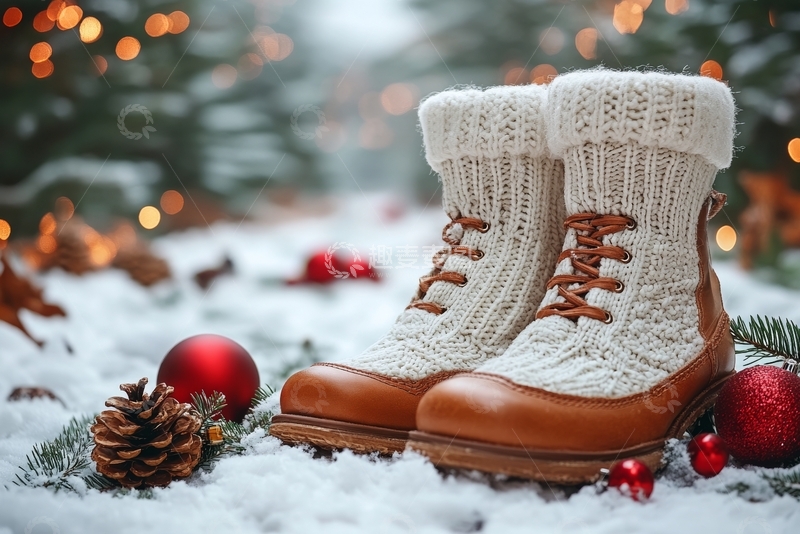 高清大图下载【趣麦麦图】雪地中的温暖靴子与节日装饰