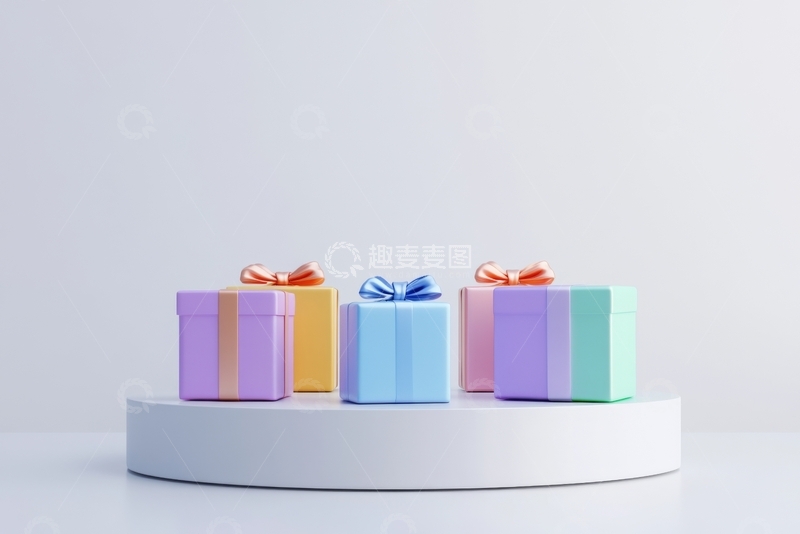 高清大图下载【趣麦麦图】彩色礼盒排列在白色圆台上