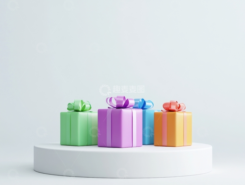 高清大图下载【趣麦麦图】彩色礼盒排列在白色展台上