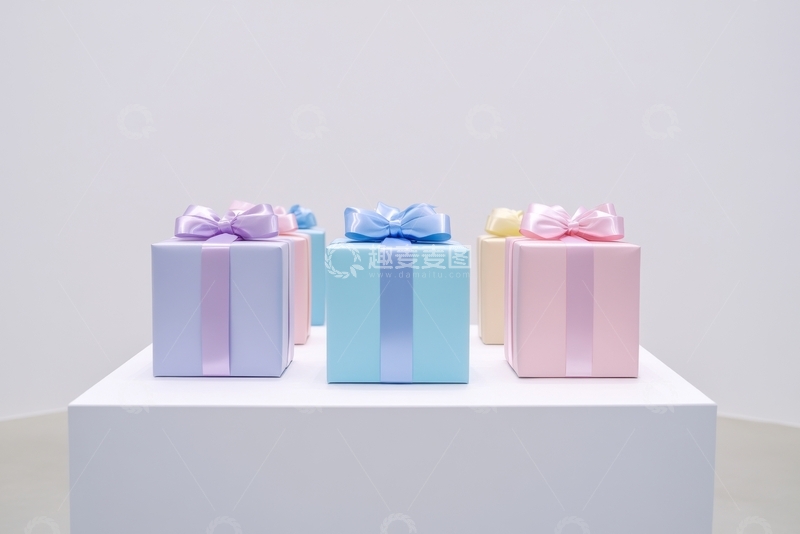 高清大图下载【趣麦麦图】色彩柔和的礼盒陈列在白色展台上