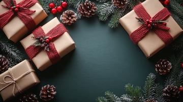 圣诞礼物与松枝装饰