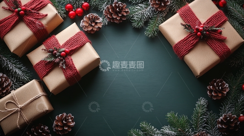 高清大图下载【趣麦麦图】圣诞礼物与松枝装饰