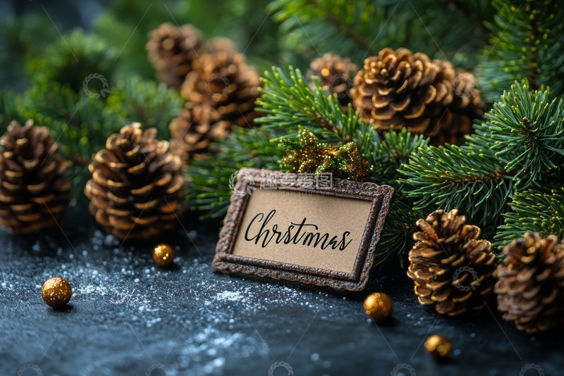 高清大图下载【趣麦麦图】圣诞装饰：松果与绿枝环绕的节日标签