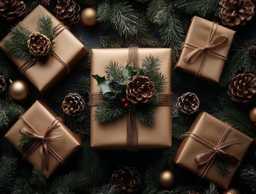 金色圣诞礼物与松枝装饰
