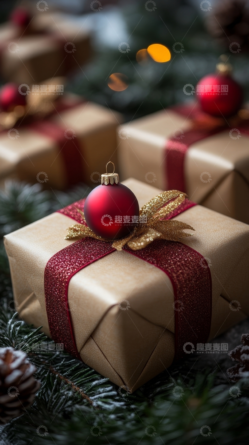 高清大图下载【趣麦麦图】圣诞礼物盒与红色装饰球