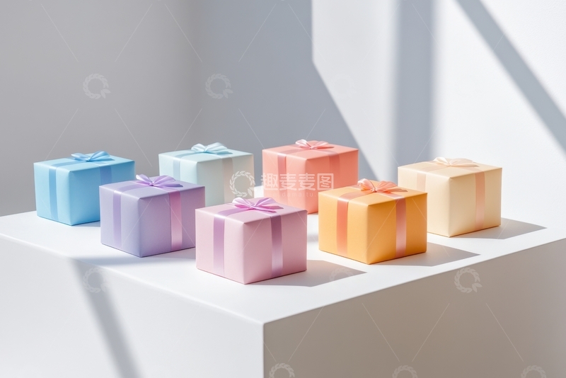 高清大图下载【趣麦麦图】色彩斑斓的礼物盒排列在白色台阶上