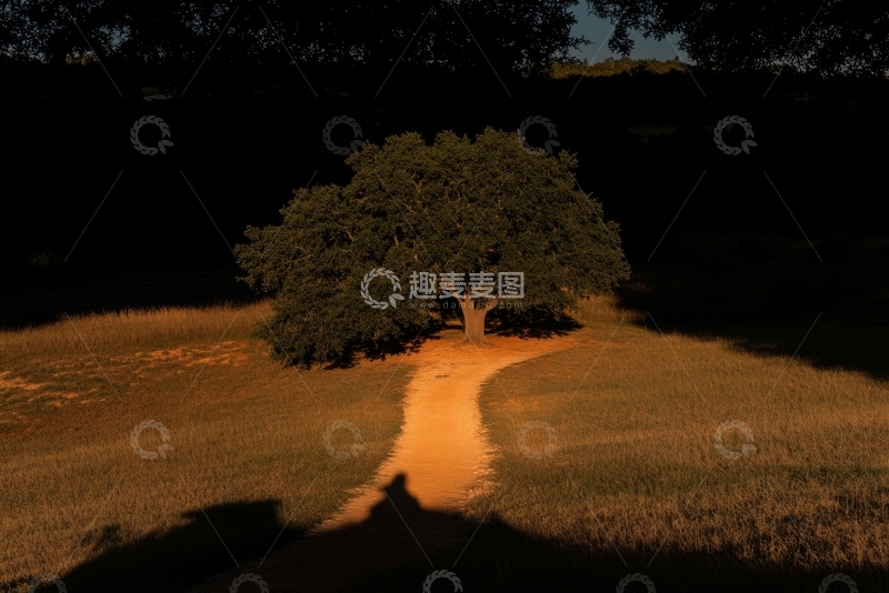高清大图下载【趣麦麦图】夕阳下的孤树与小径