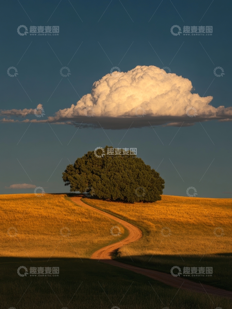 高清大图下载【趣麦麦图】孤树与云朵下的蜿蜒小径