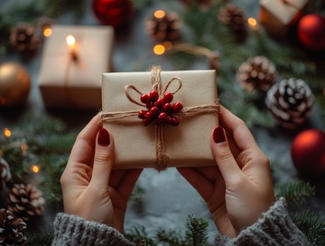 双手捧着装饰精美的圣诞礼物