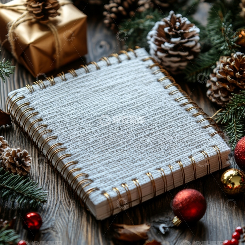 高清大图下载【趣麦麦图】节日装饰中的笔记本与松果