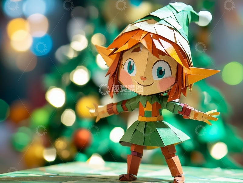 高清大图下载【趣麦麦图】纸艺精灵站立于节日背景前