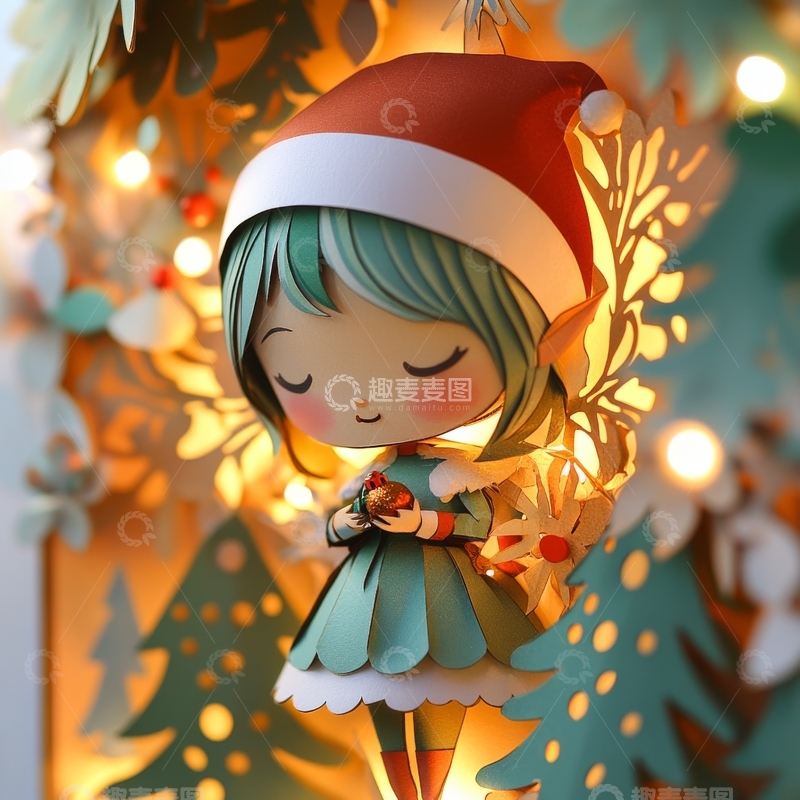 高清大图下载【趣麦麦图】圣诞女孩怀抱礼物，温暖灯光环绕