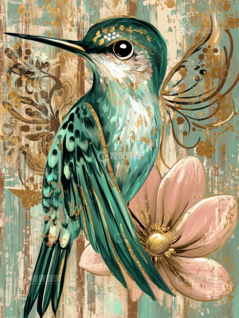 高清大图下载【趣麦麦图】蓝绿蜂鸟与粉色花朵的艺术插画