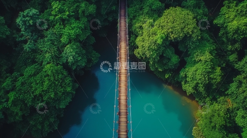 高清大图下载【趣麦麦图】空中俯瞰森林中的木桥