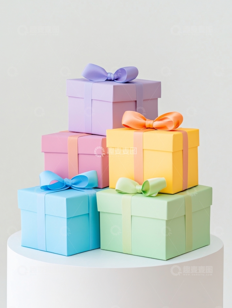 高清大图下载【趣麦麦图】五彩缤纷的礼物盒堆叠展示
