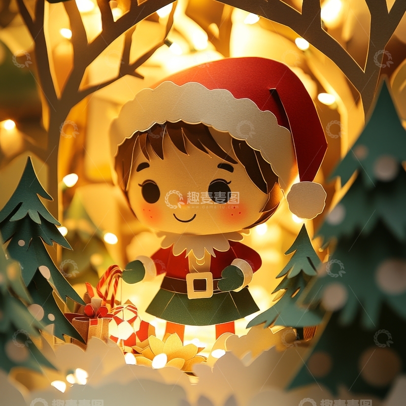 高清大图下载【趣麦麦图】圣诞小精灵在灯光森林中