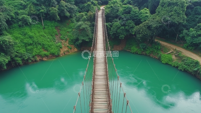 高清大图下载【趣麦麦图】悬索桥横跨碧绿河流