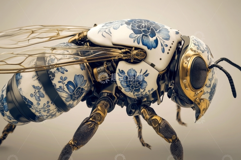 高清大图下载【趣麦麦图】机械蜜蜂与青花瓷结合的艺术创作